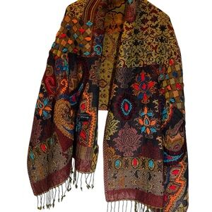 Marionette Tapestry Multicolor Paisley & Floral Fringe Wrap Scarf Shawl Size OS